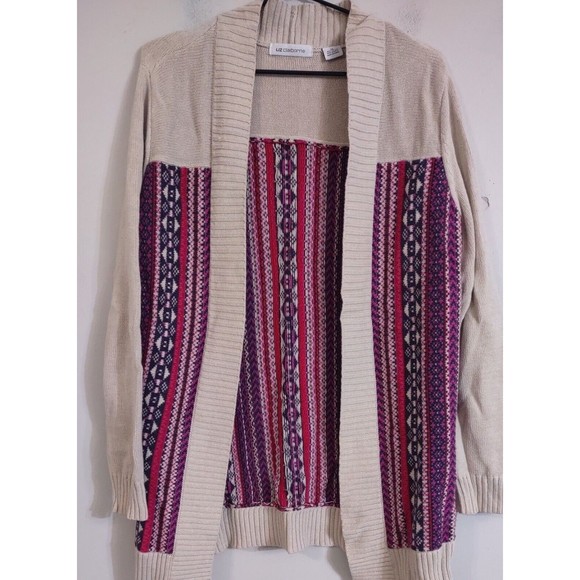 LIZ CLAIBORNE Sweater Women's Size Med Cardigan Cream Pink Purple Pattern Top - Picture 1 of 7